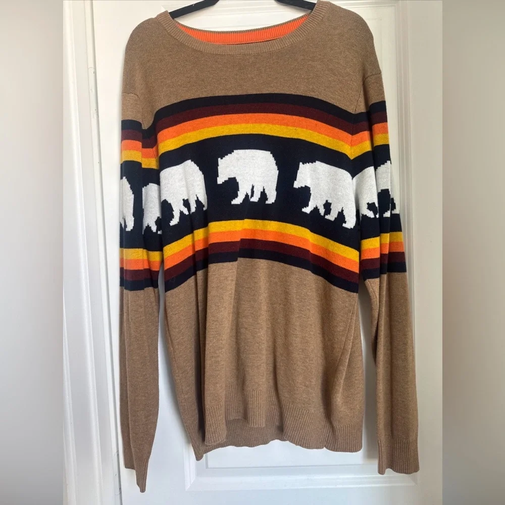 KAVU Highline Brown Sweater Bear Print Orange and Yellow Accents MEN'S Large - Picture 2 of 5